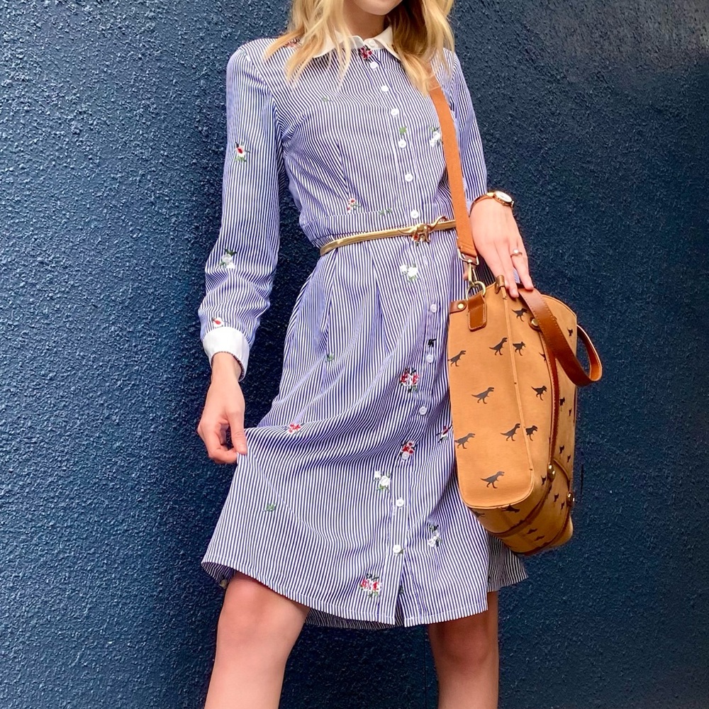 Modcloth Women’s Size Small Navy Pinstriped Above The Knee Collared Floral Dress